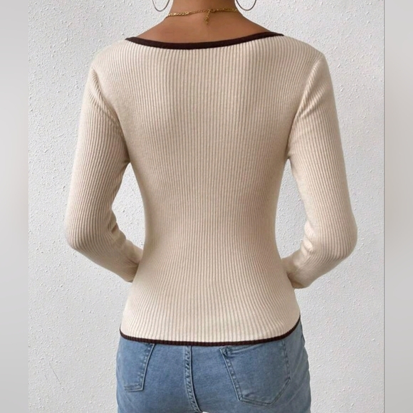 New Chic Sweetheart Contrast Trim Ribbed Knit Top Fitted Brown Tan Beige - Picture 4 of 8